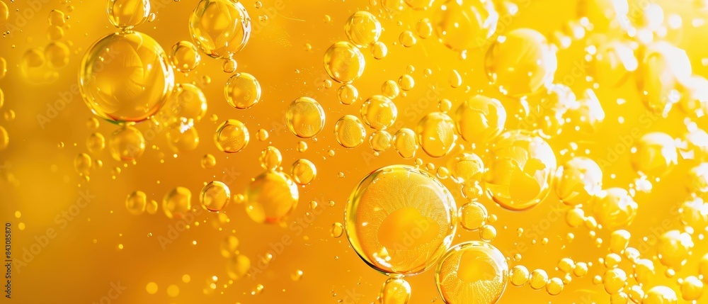Aufkleber oil droplets floating in yellow liquid. the image showcases a vibrant and dynamic abstract pattern w