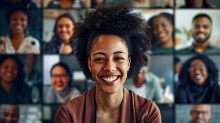 Confident young woman smiling in front of a screen showing her diverse virtual team