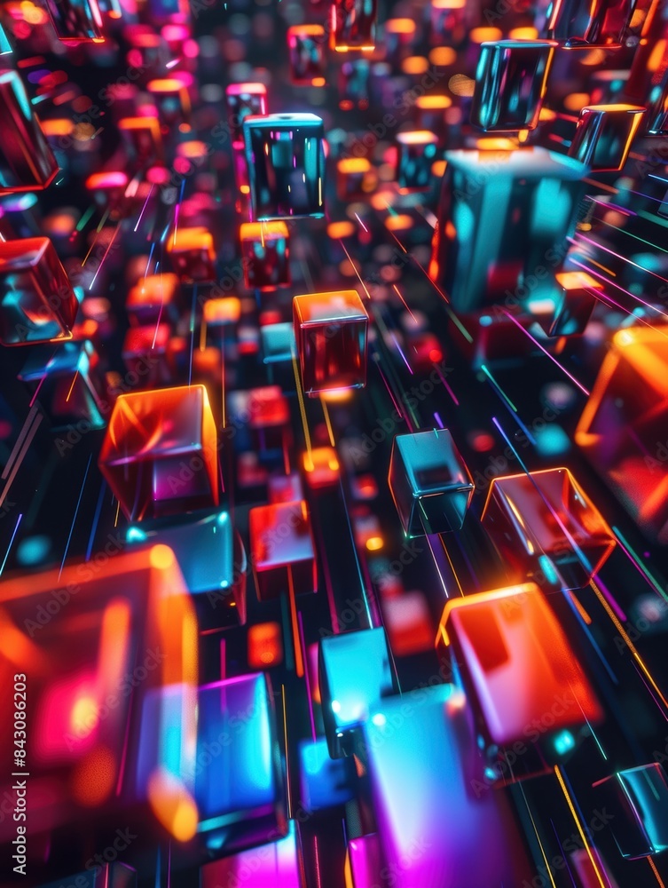 Aufkleber glowing neon cubes in abstract motion with vibrant colors and dynamic lighting effects, creating a f