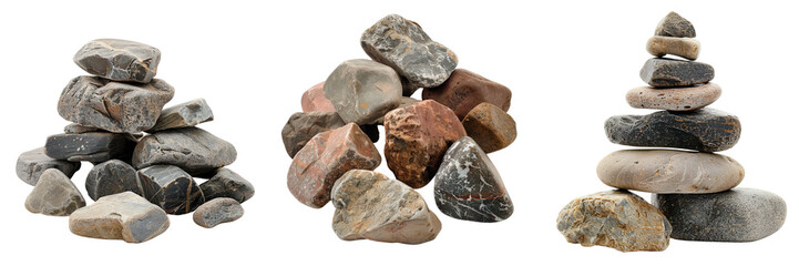 Set of pile of rock stones isolated on a transparent background