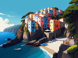 Beautiful picturesque seaside town near a mountain, inspired by Cinque Terre villages and Riomaggiore in Italy. 