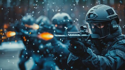 A man in a black suit is holding a gun and wearing a gas mask