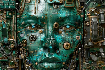 a green robot face with many mechanical parts