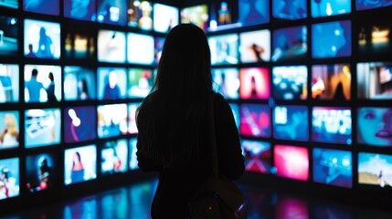 a woman looking at television screens in an art gallery