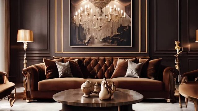 dark gray living room Inside the dark room was empty. Designed in an elegant style and brown leather sofas with lamps and center tables 3D renderings and illustrations.