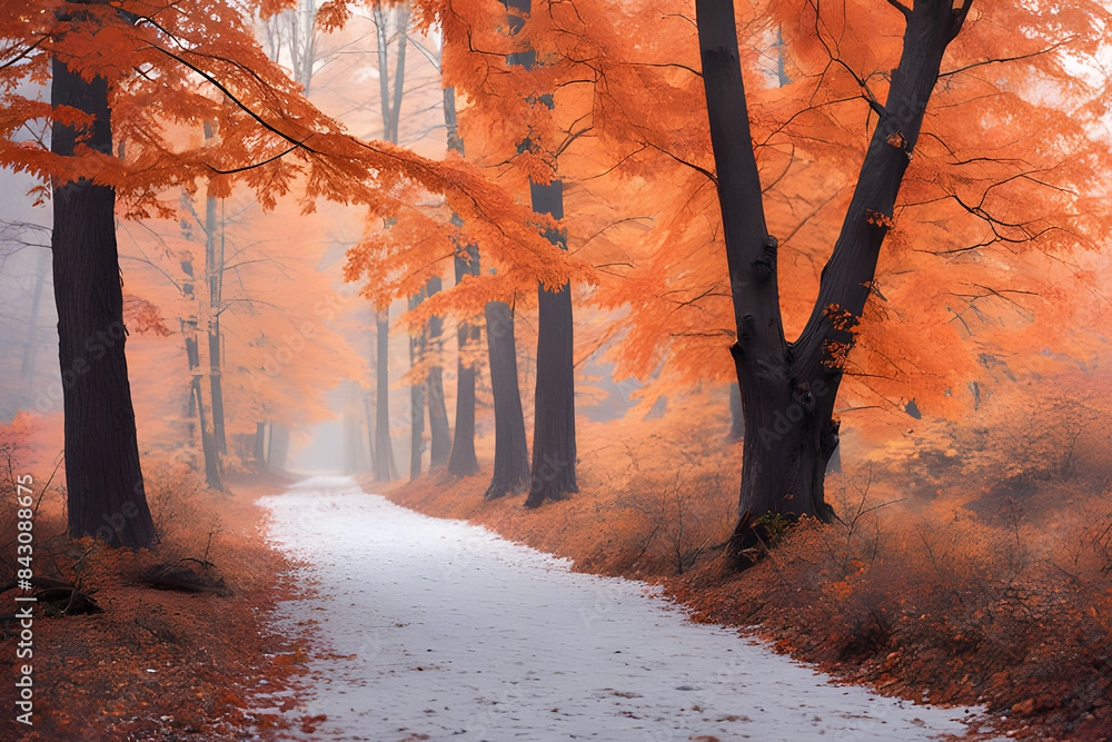 Poster A breathtaking display of autumn foliage! Vibrant orange leaves, glistening with frost, blanket the branches of trees in a late-autumn or early-winter scene.