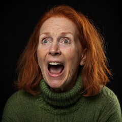 A senior woman with red hair and blue eyes, screaming in shock or fear. She is wearing a green sweater on a plain black background. Her facial expression is intense and very emotional, with wide-open