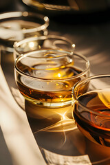 Close-up of elegant glass cups filled with different shades of tea, illuminated by warm sunlight.