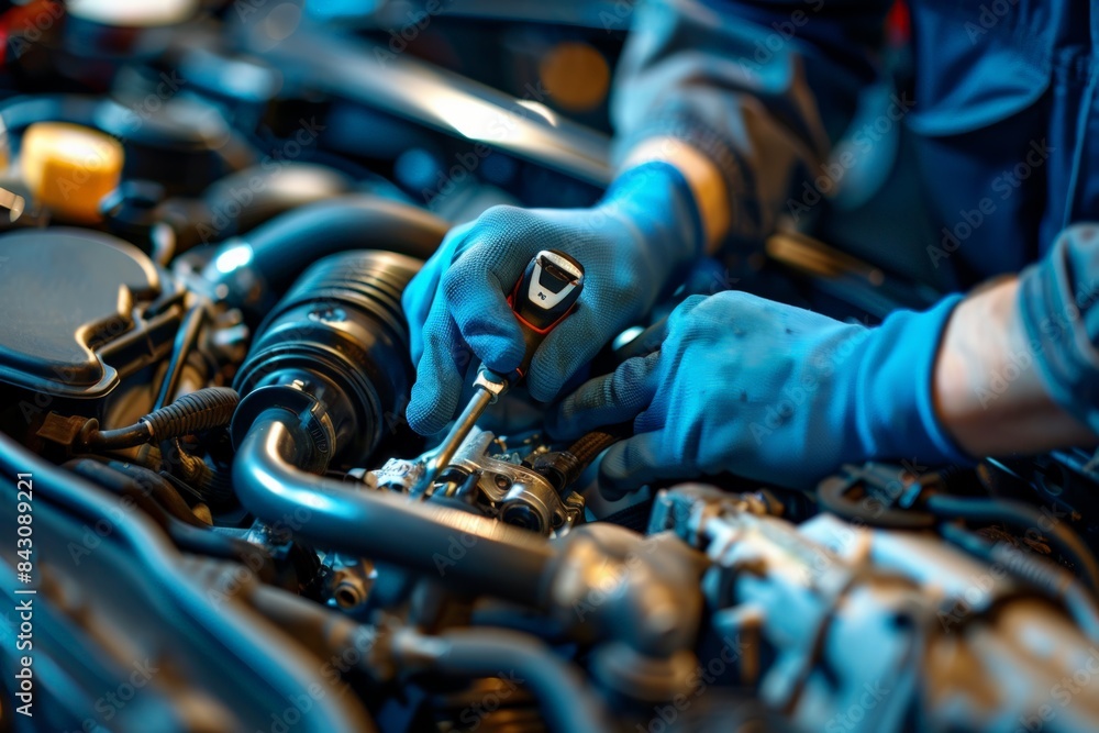 Sticker auto mechanic working under the hood of a car, worker in blue gloves, focused on automotive repair, 