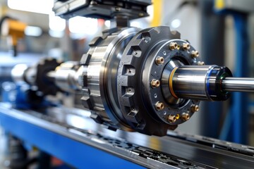 Fototapeta premium Detailed view of wheel alignment process, Macro shot of wheel manufacturing, displaying robust components and intricate machinery work.