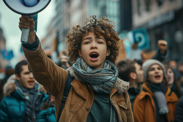 A young man shouts into a crowd during a street protest using a megaphone.