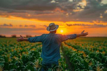 Fototapeta premium Rear view of farmer with outstretched arms on green corn field.