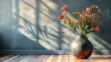 flowers in a vase. light in window and grey wall Generative AI	