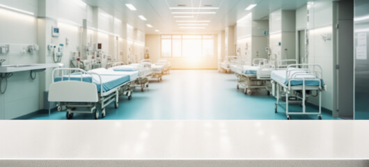 Empty countertop with a blurred hospital ward in the background; ideal for medical product placement.