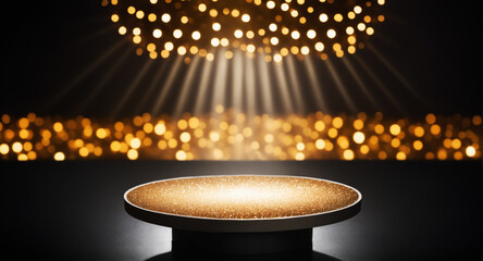 Concert hall with focused stage; wooden surface in front; for event ads or musical promotions.
