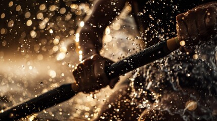 Close-up shot of a rower's hands gripping the oar, with water droplets splashing in the golden sunlight, capturing the intensity of rowing.
