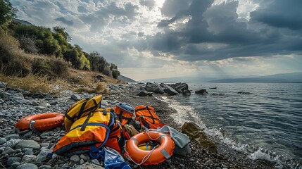 Obraz premium Life Jackets Left Behind on Lesvos Shore: A Tale of Despair Amidst Border Crisis