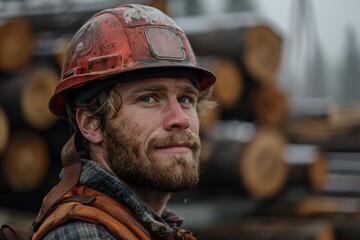 Close-up of young logger, red helmet, blue eyes reflect hope, resilience. Rain-soaked, mud-splattered face, set against backdrop of piled logs, captures raw elements of forestry work.