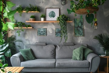 Living Room with Shelves: Elegant Interior with Grey Sofa, Wooden Shelves, Plants, and Wall Paintings
