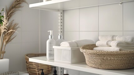 Fototapeta premium a white bathroom closet bathed in natural light, featuring neatly stacked towels, shelves adorned with a wicker basket filled with soaps and body lotions.