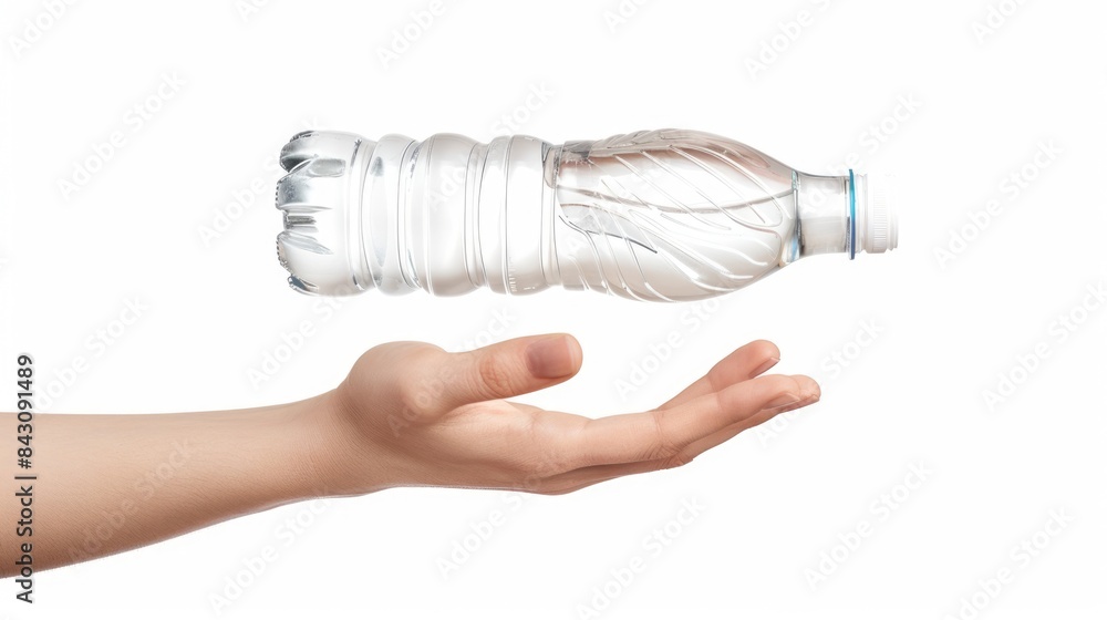 Wall mural hand gripping. caucasian female teen holding bottle with white background