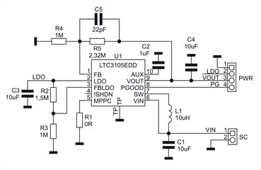 Schematic diagram of electronic device on sheet of paper. Vector drawing electrical circuit with connector,
resistor, capacitor, integrated circuit,
inductance coil, microcontroller, other components.