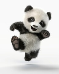 Obraz premium Panda Cute. Adorable Baby Panda Cub Jumping in 3D Illustration on Isolated Background