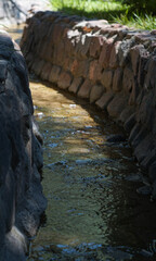 the water of the stream flows between the tree branches