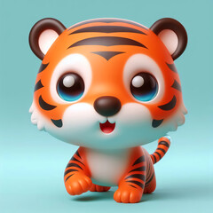 3D tiger cartoon on light blue background. Funny illustration of wildlife for kids cards
