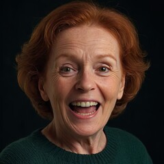 Elderly woman with red hair and blue eyes, smiling broadly with an expression of joy and excitement. She is wearing a sweater against a simple background. Generative Ai The overall mood is cheerful
