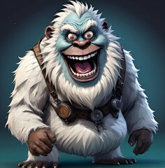 Cartoon Bigfoot Yeti with white fur and blue skin, showing off a wide toothy grin. The monster is perfect for animated series, children's parties and fantasy-themed stories. Generative Ai