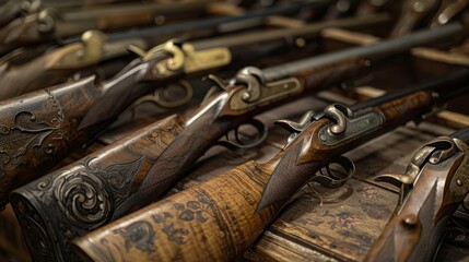 A row of guns are displayed on a table