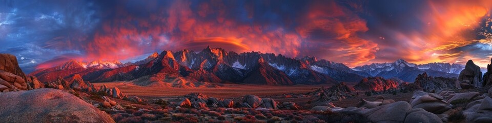 Sierra Mountain. Panorama of Glowing Lone Pine Peak at Sunrise in Alabama Hills, California