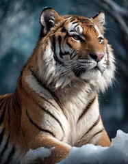Tiger in winter lying on the snow. Wild animal on the snow. Generative Ai