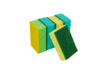 Multi-colored cleaning sponges on a white background