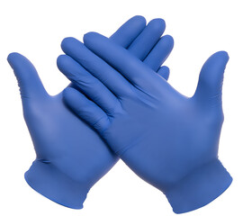 Blue rubber hand gloves on a white background