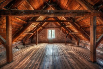 Old Attic. Vintage Loft with Exposed Wood Beams and Roof Construction