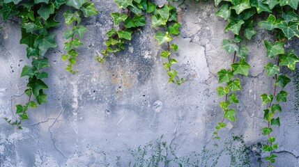 Ivy Wall. Closeup of Botanical Bush Climbing on Concrete Background