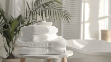 White towels and soap on a table in a bathroom. The towels are folded and stacked, and the soap is placed on top.