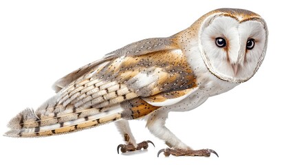 Owl White. Common Barn Owl Isolated on White Background. Tyto Alba Head Wildlife Concept