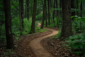Obraz premium Path Through Woods. Tranquil Forest Trail surrounded by Trees in Deep Greens and Browns