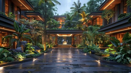 Fototapeta premium a drop off entrance to a large square building, elegant with vegetation and landscaping around, 