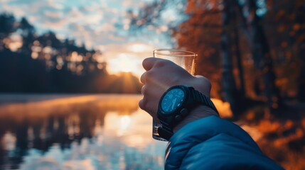 Fototapeta premium Morning Rituals Near a Serene Lake: Reflection, Health, and Discipline for Fasting Period