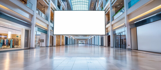 digital billboard mockup in the middle of luxury shopping mall, white screen for advertising banner, modern architecture with wide corridor and potted plants, wide angle shot