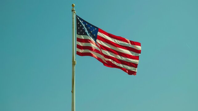 The image shows a large American flag waving in the wind against a clear blue sky.