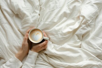 Coffee In Bed. Young Woman's Hands Holding Coffee Mug in White Linen Bed