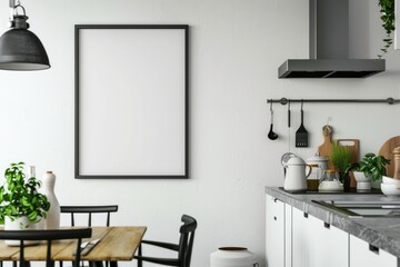 Kitchen Mock Up. Black Vertical Frame with Empty Space on Kitchen Table