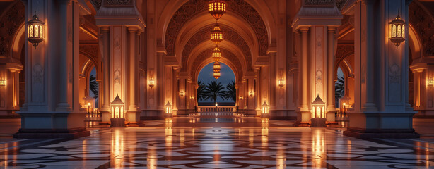 interior of A long corridor with lanterns and arches leading to the entrance of an arabian palace, night time, cinematic, hyper realistic