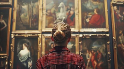Obraz premium Young woman with brown hair in a ponytail wearing a red and black plaid shirt looking at paintings in an art gallery.