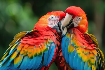 Fototapeta premium Macaw Parrots: Birds Kissing on Perch with Colorful Wings in Love